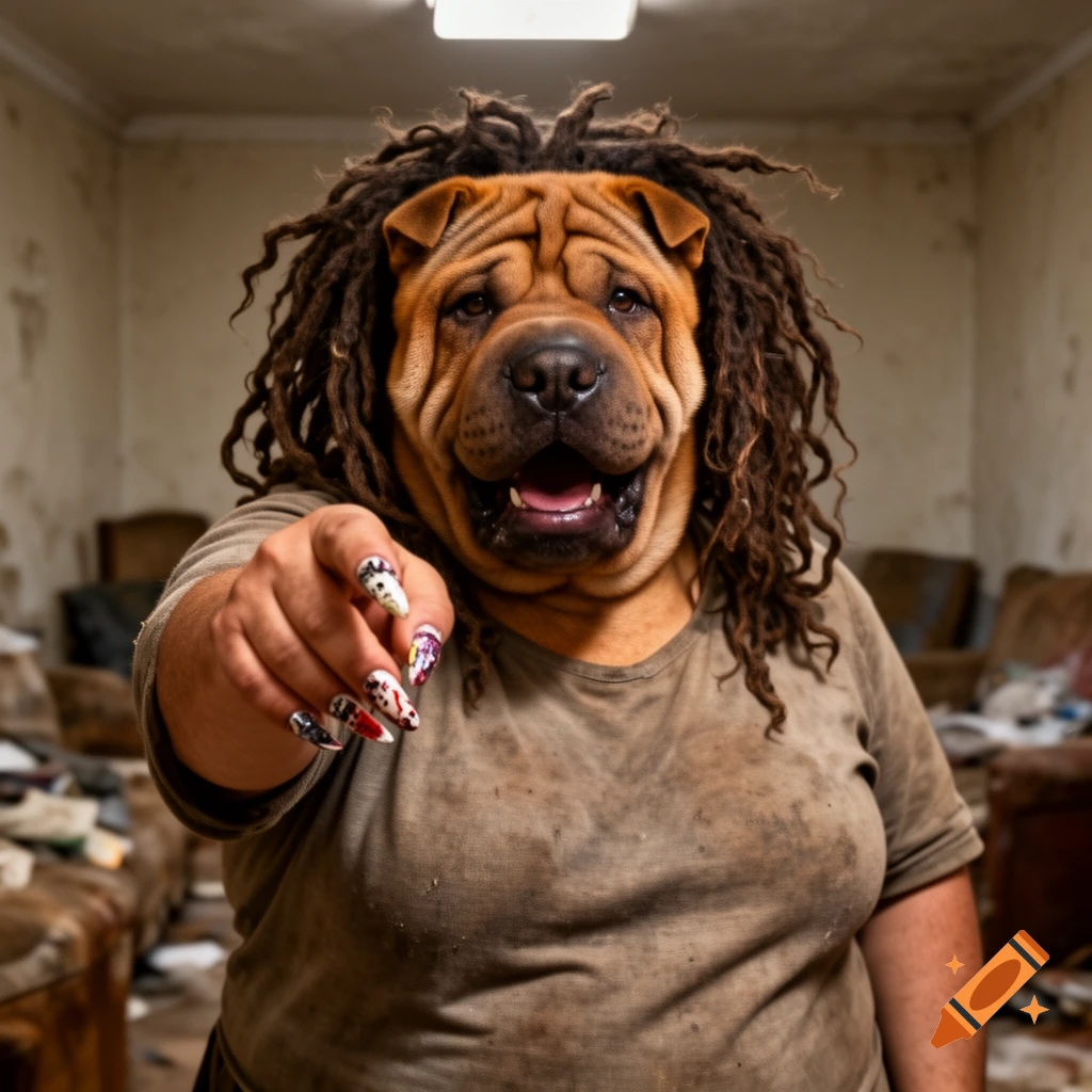 An anthropomorphic female Shar-Pei dog with dreadlocks and decorated fingernail claws pointing at the camera.