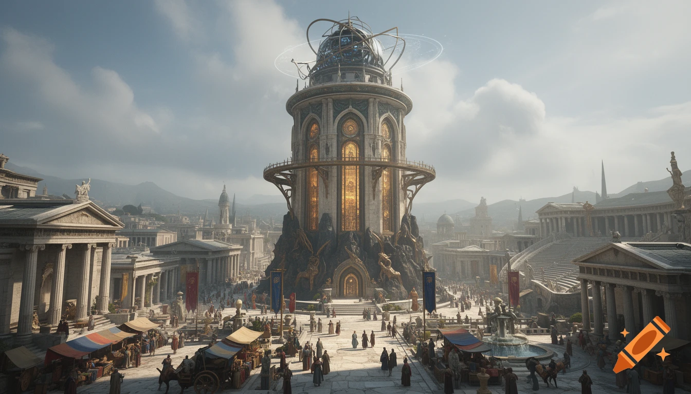 Wide shot of a massive ornate wizard tower in the center of a busy Greco-Roman city, photorealistic.