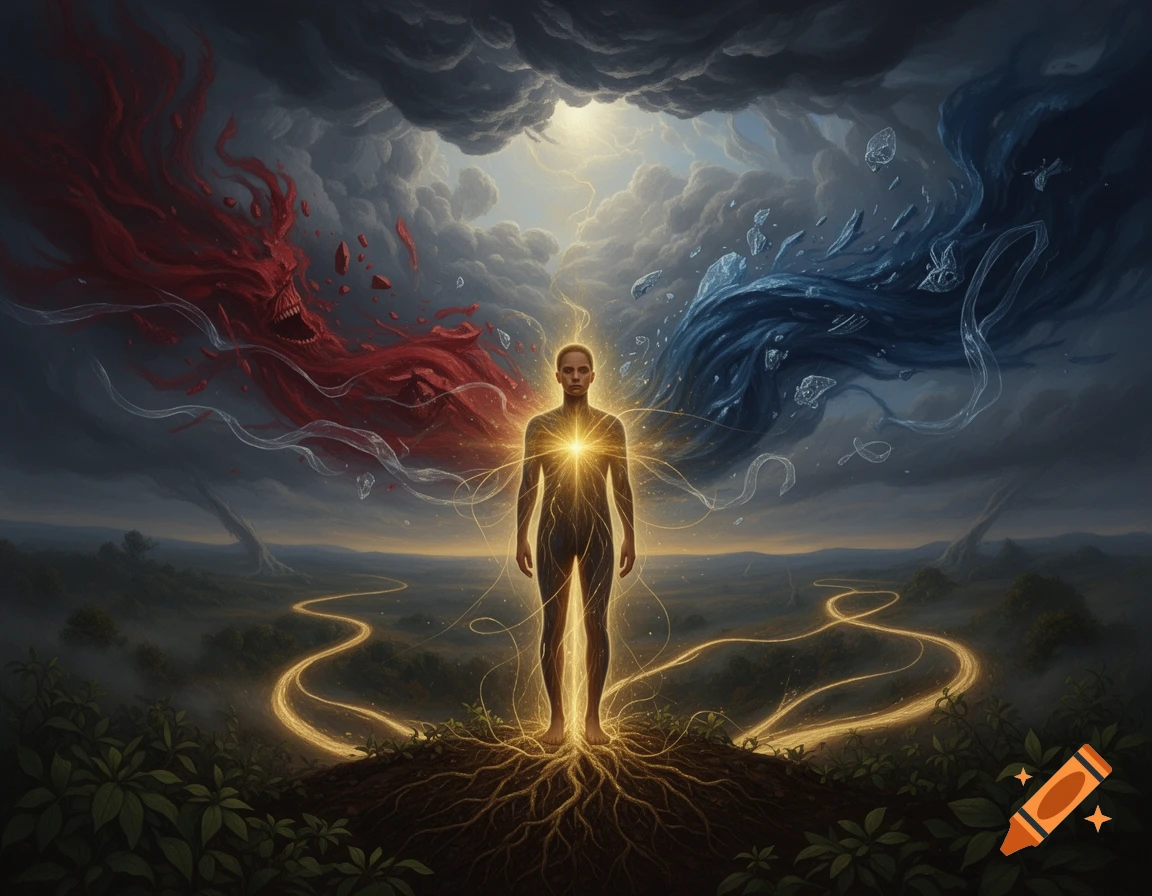 A person stands centered on a hilltop with glowing roots, radiating light from their chest, flanked by a red storm and blue wisps under a cloudy sky.