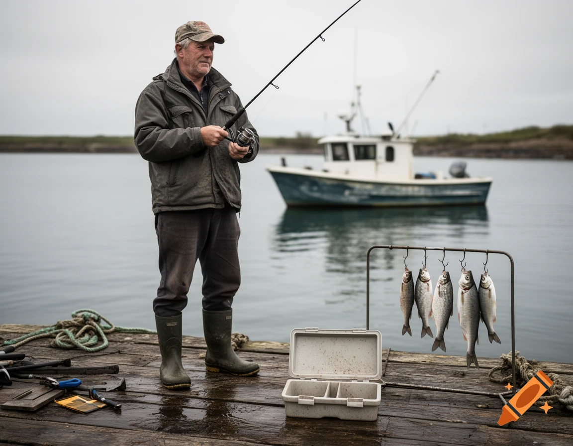 Photorealistic image of a fisherman standing on a wooden pier holding a fishing rod, with a boat in the background and fish hanging on a rack.
