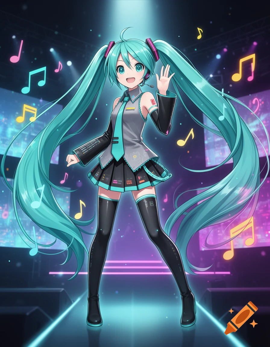 Anime style illustration of Hatsune Miku performing on a stage with glowing musical notes floating around her.