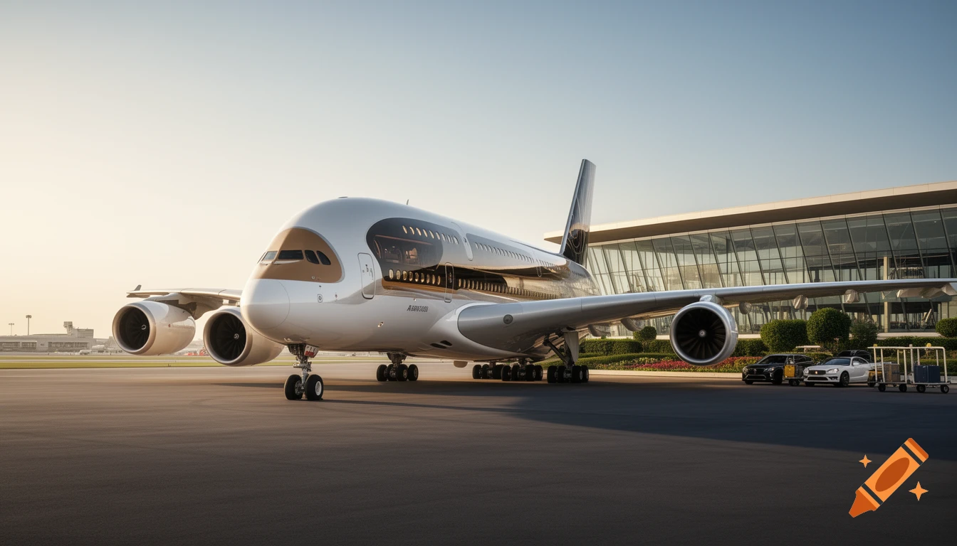 A photorealistic wide-shot of a luxury Airbus A380 parked on an airport tarmac near a modern terminal building at sunrise.