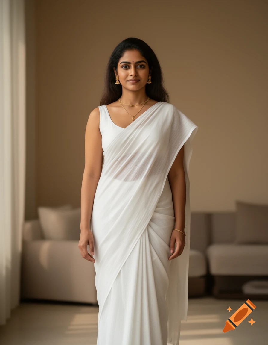 Photorealistic full-body portrait of a young South Indian woman wearing a traditional white saree and gold jewelry, standing indoors.