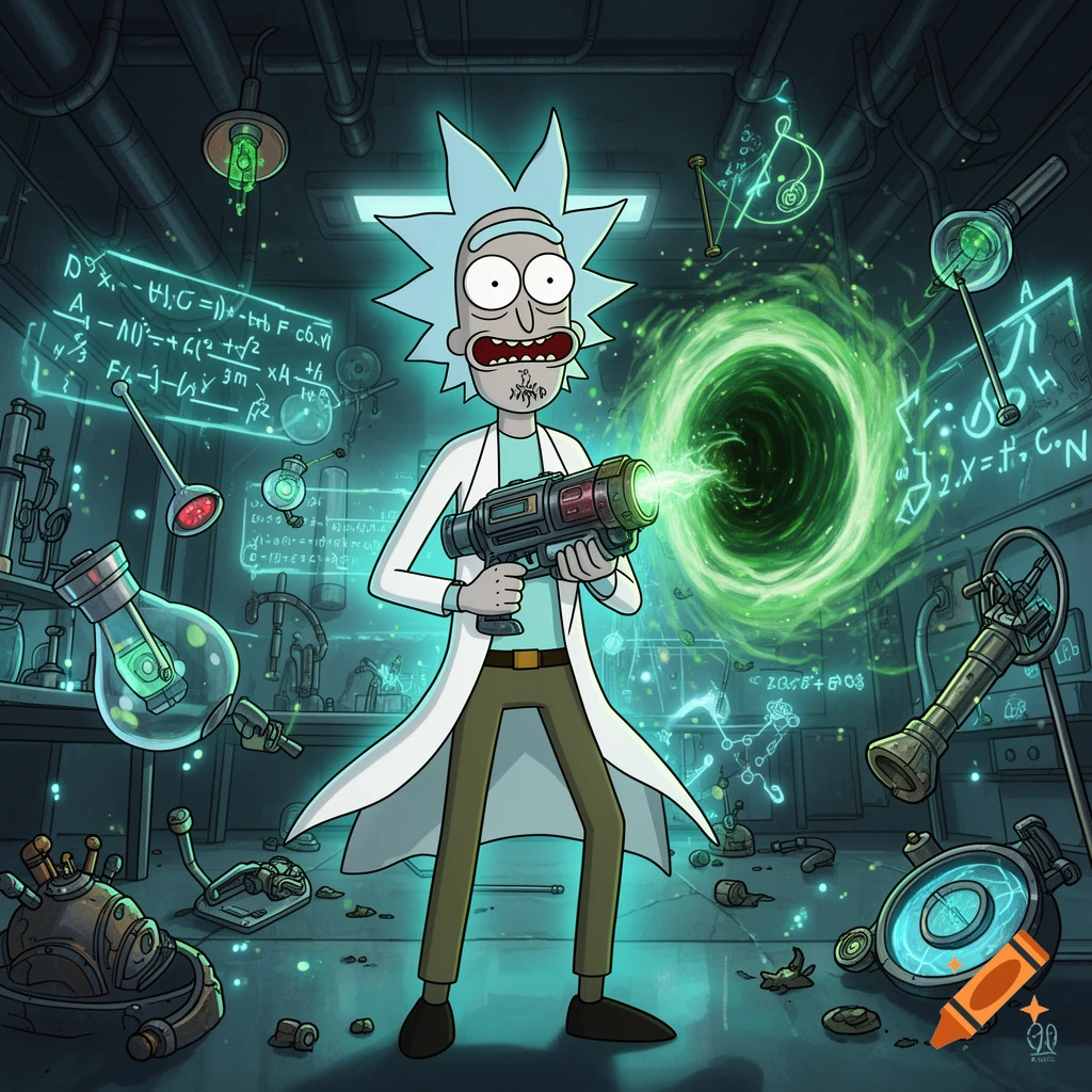 Rick Sanchez holding a portal gun in his messy laboratory, with a green portal opening beside him, in a cartoon style.