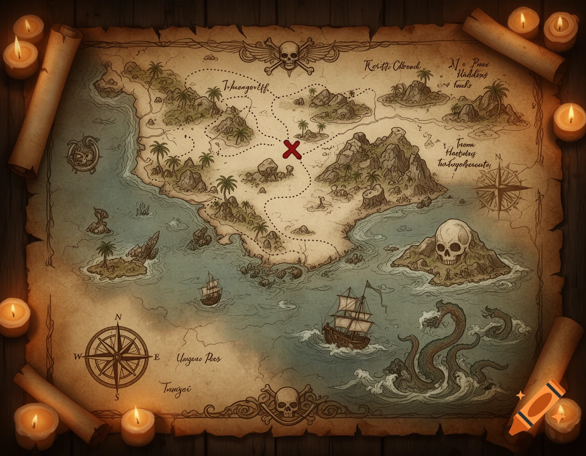 Detailed fantasy pirate treasure map illustration with compass roses, islands, sailing ships, and a sea monster.