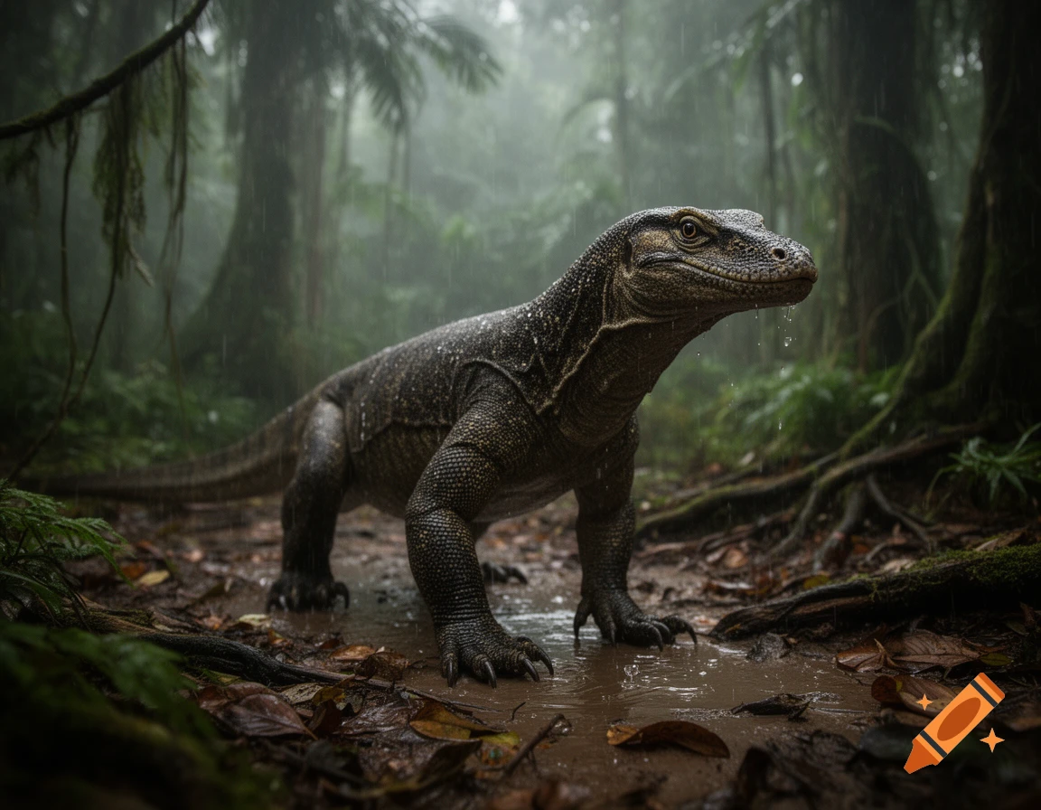 Photorealistic image of a quinkana standing in a muddy rainforest during a rainstorm.