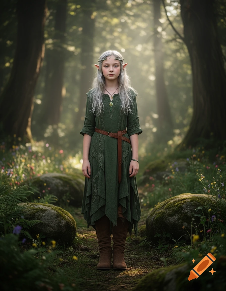 Photorealistic full-body portrait of a young female elf with long silver hair and pointed ears, wearing a green dress in a misty forest.