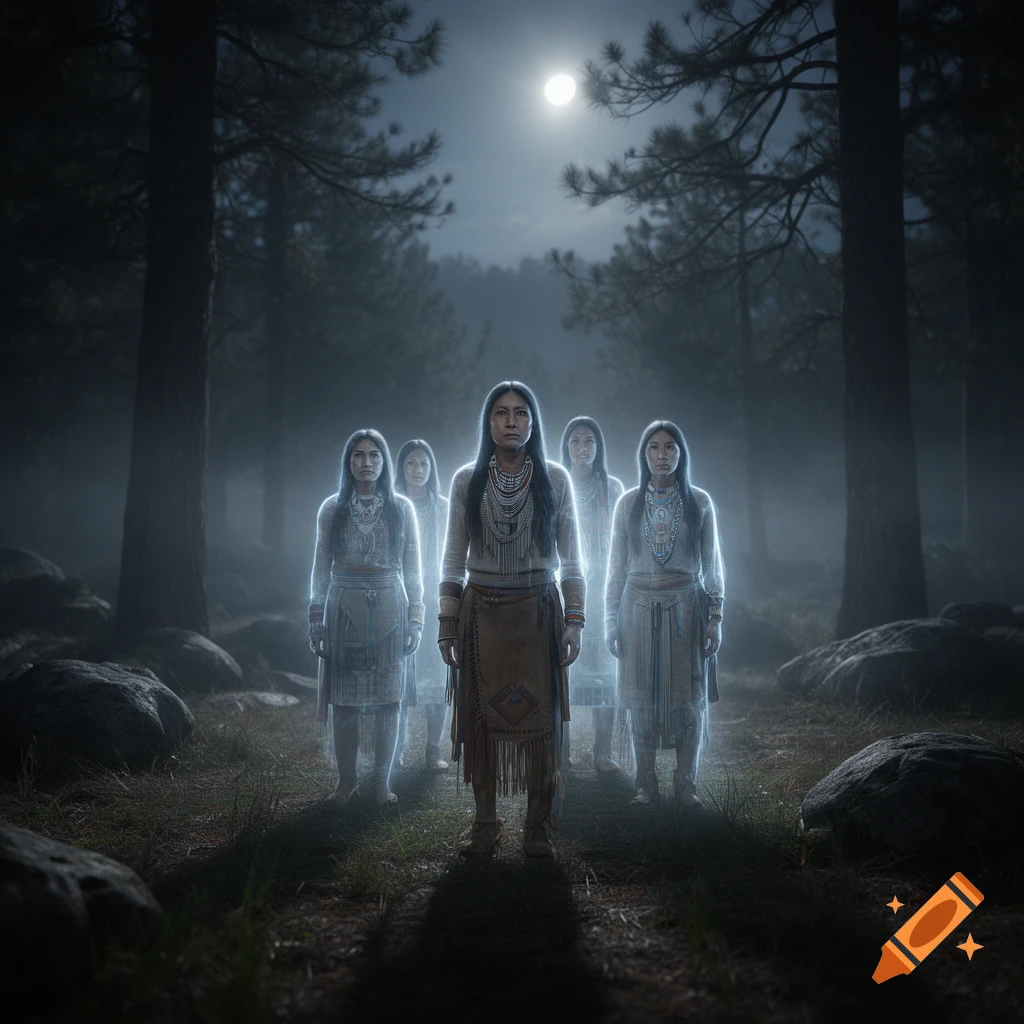 Photorealistic scene of five Native American ghosts standing in a foggy pine forest under a full moon.