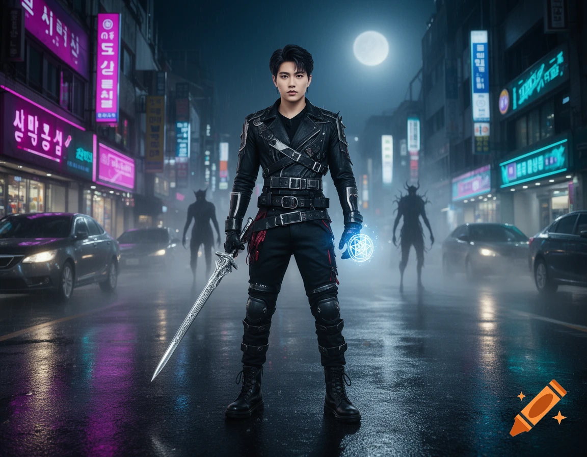 A K-pop style demon hunter standing on a wet city street at night holding a glowing sword and magic symbol, surrounded by neon signs.