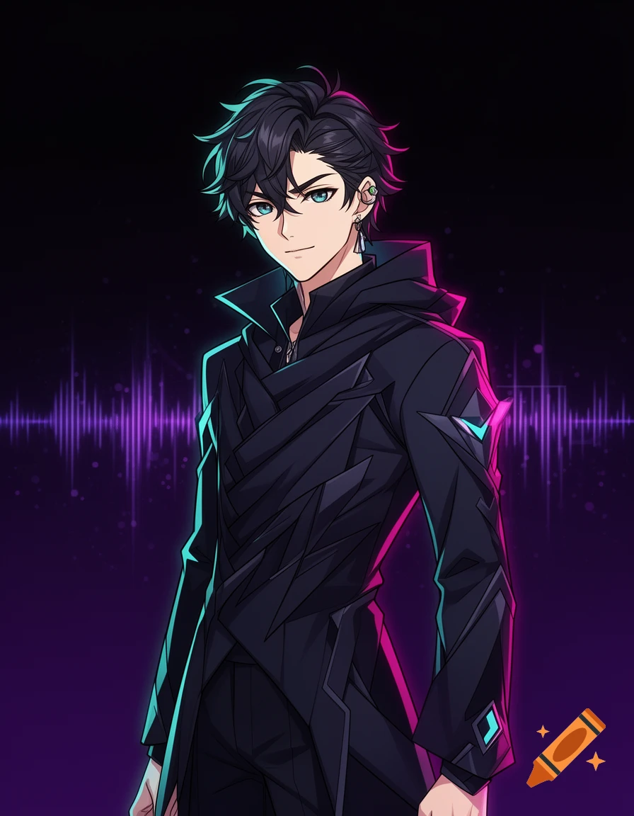 Anime style illustration of a young man with dark messy hair, blue eyes, and wearing a black futuristic coat with neon glowing accents.