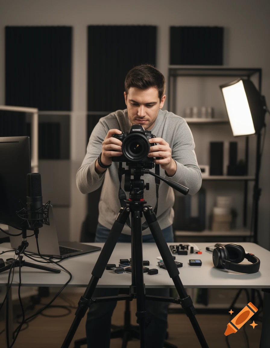 A man in a grey sweater operating a camera on a tripod in a studio setup with a softbox and microphone, photorealistic.