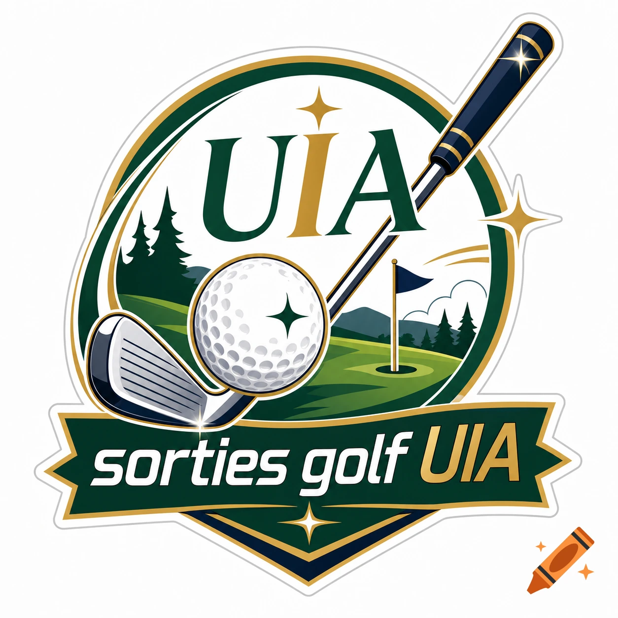 Logo featuring golf club, golf ball, pine trees, and text 'UIA sorties golf UIA' in green and gold.