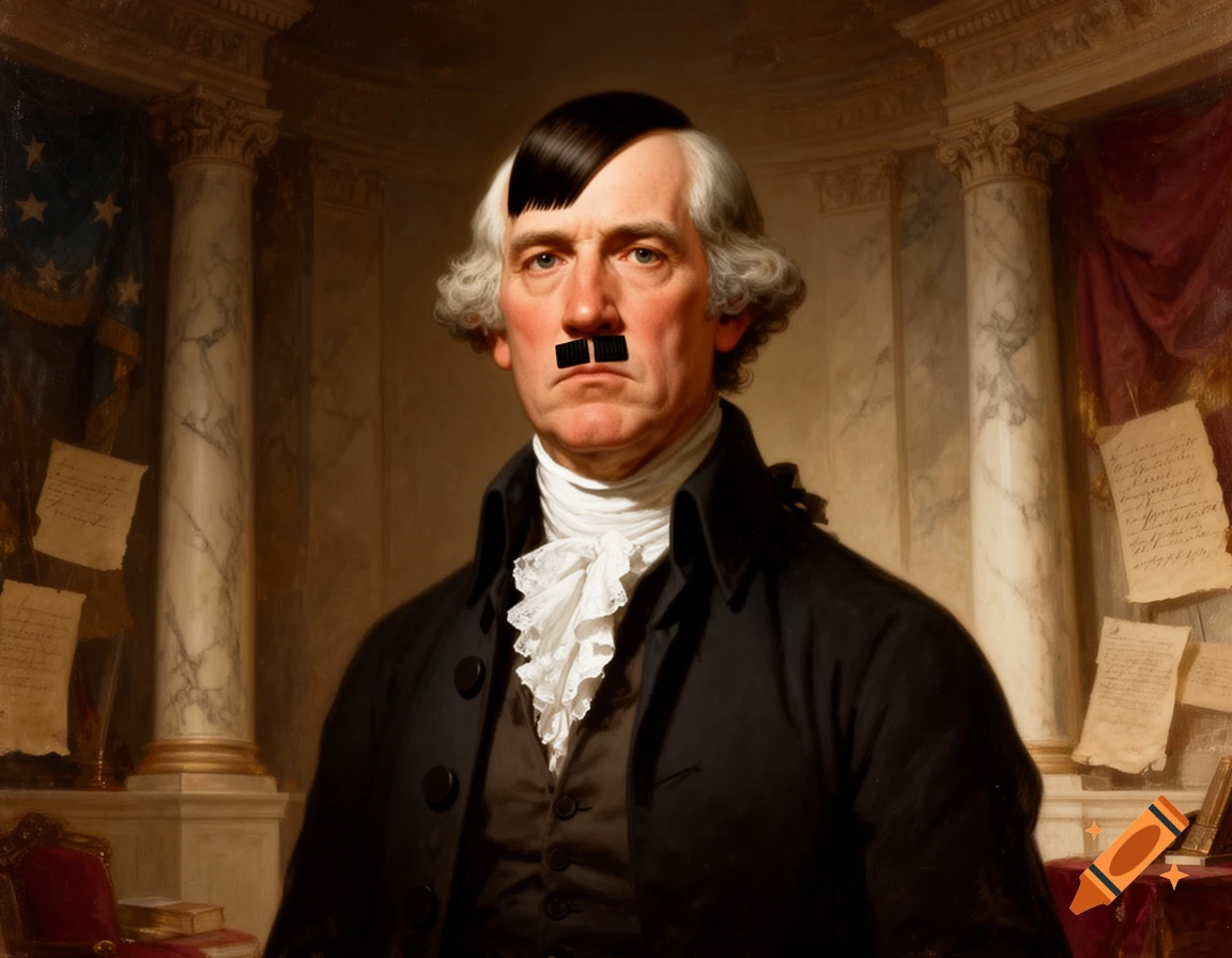 Oil painting style portrait of Thomas Jefferson with a Hitler mustache and hair.