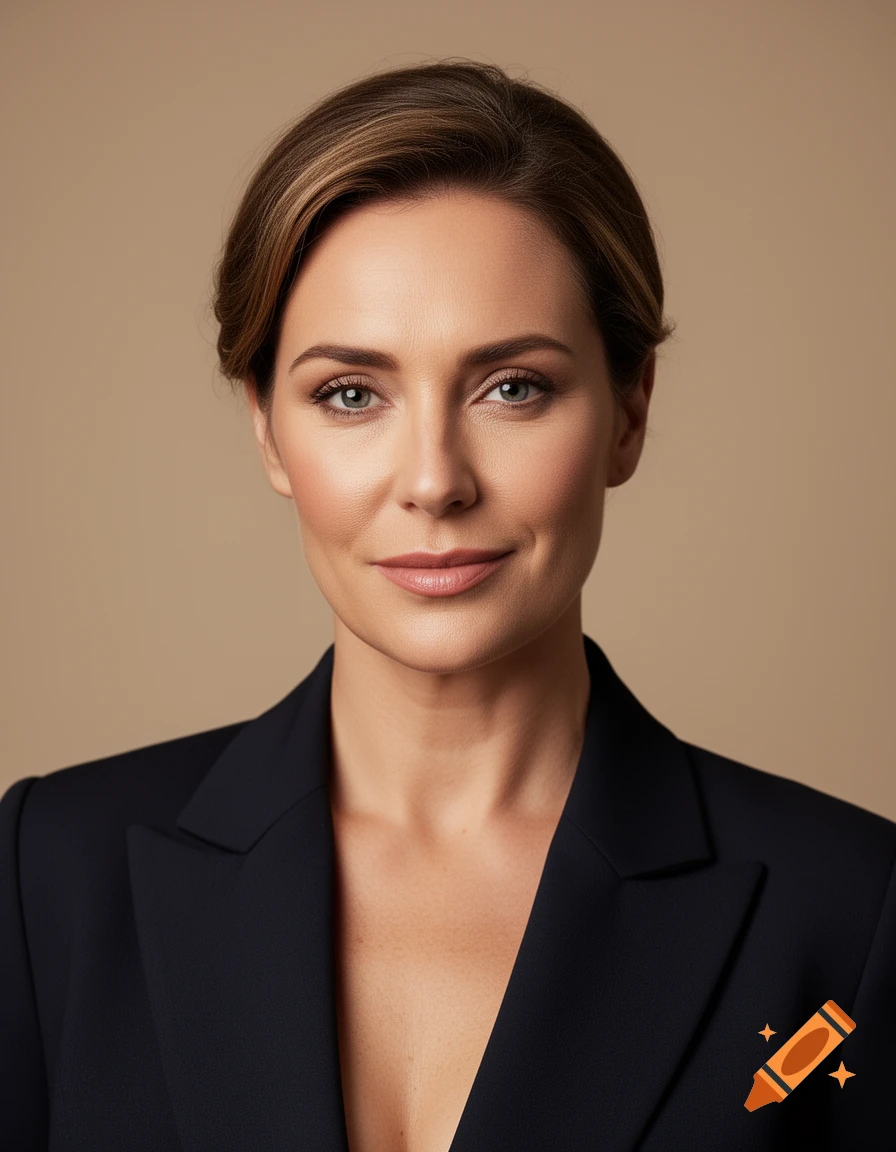 Photorealistic headshot portrait of a woman with short brown hair wearing a dark blazer against a neutral background.