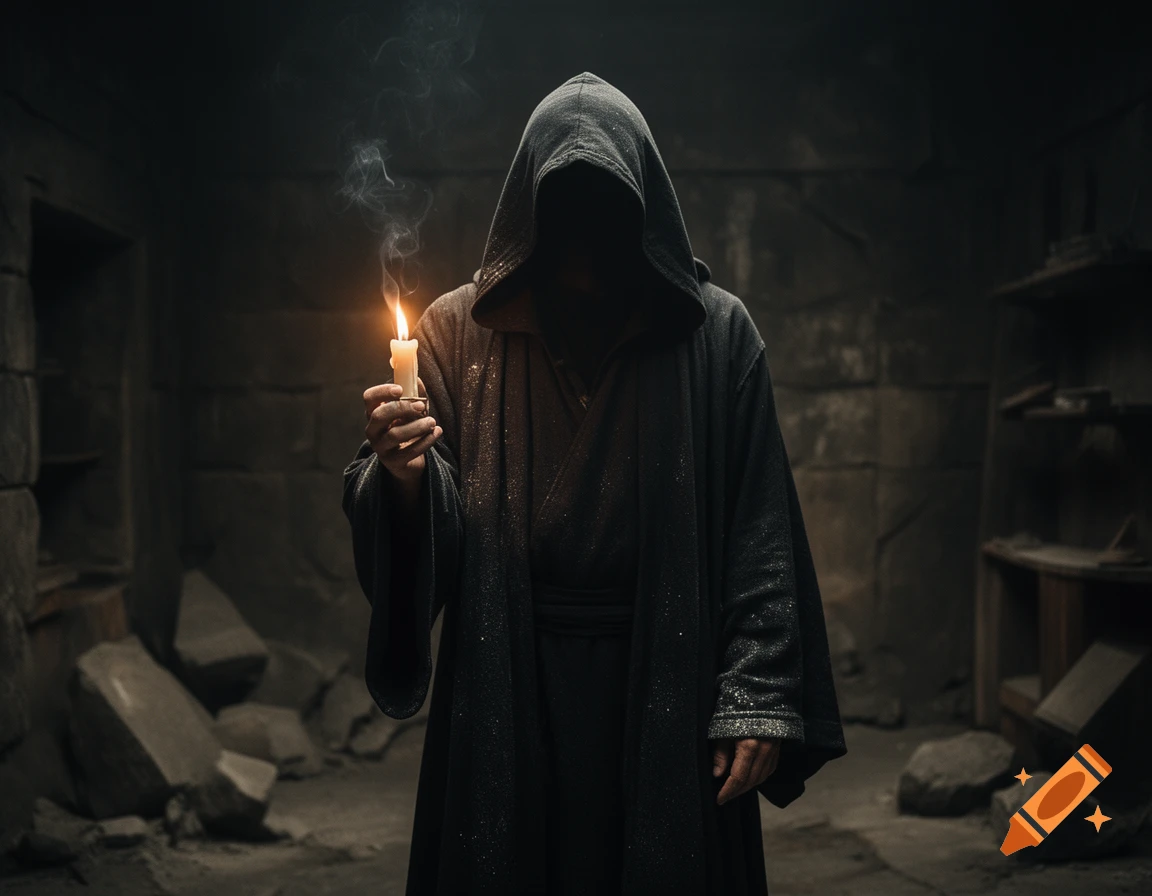 A dark cloaked wizard in a stone dungeon holds a glowing candle emitting smoke, photorealistic style.