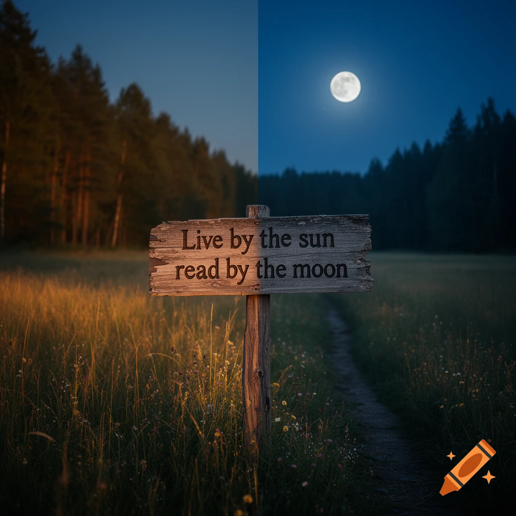A weathered wooden sign in a grassy field with a split sun and moon sky, reading 'Live by the sun read by the moon'.