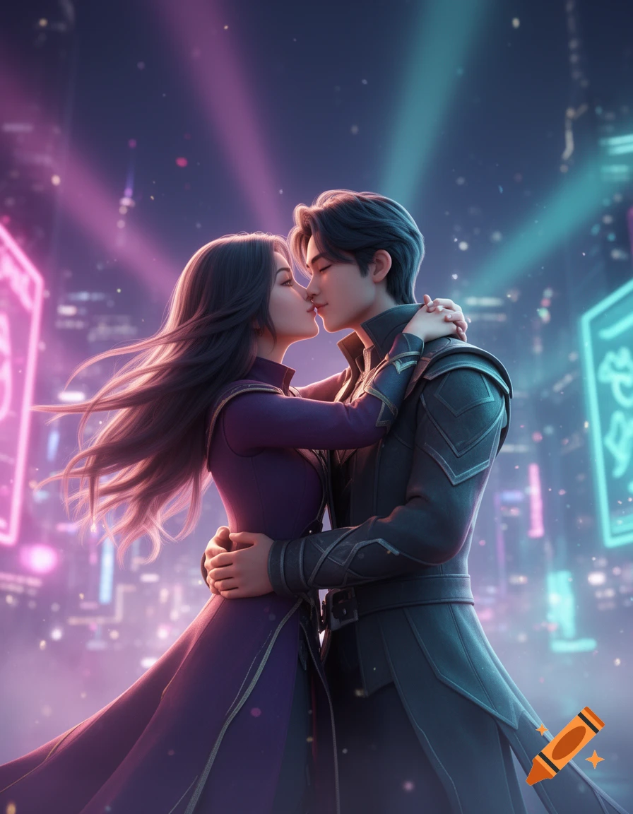 3D animated style of a man and woman kissing in a romantic embrace amidst a neon-lit futuristic city.