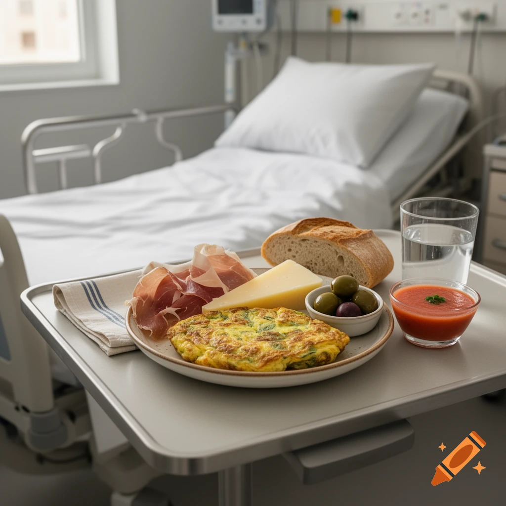 Photorealistic tray of Spanish food including a potato omelette, bread, jamon, cheese, olives, and tomato soup on a hospital bed.