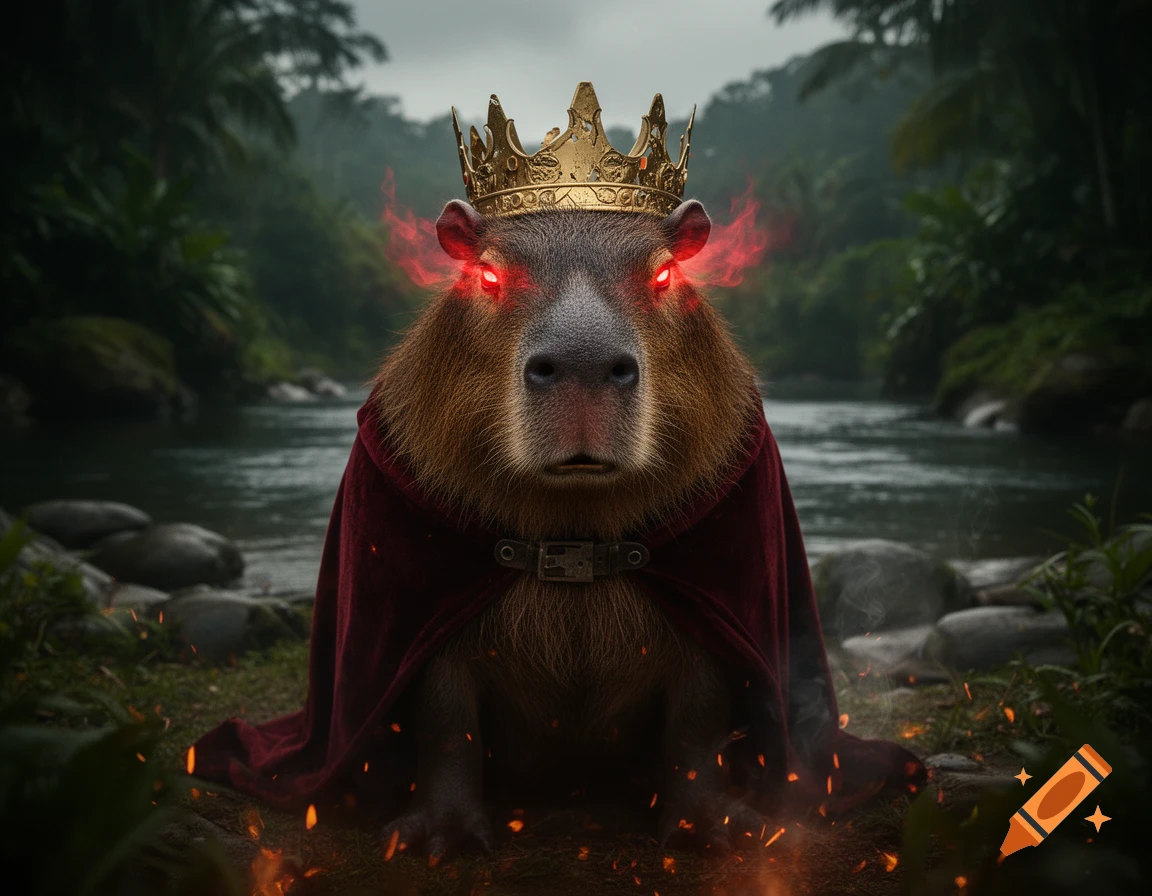A photorealistic capybara king with a golden crown and glowing red eyes, wearing a red cape by a river in the jungle.