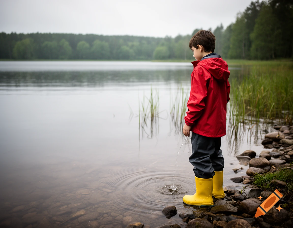Photorealistic image of a young boy in a red jacket and yellow boots standing by a calm lake.