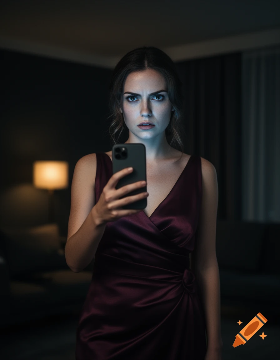 Photorealistic portrait of a woman in a dark room holding a glowing smartphone, wearing a satin dress.