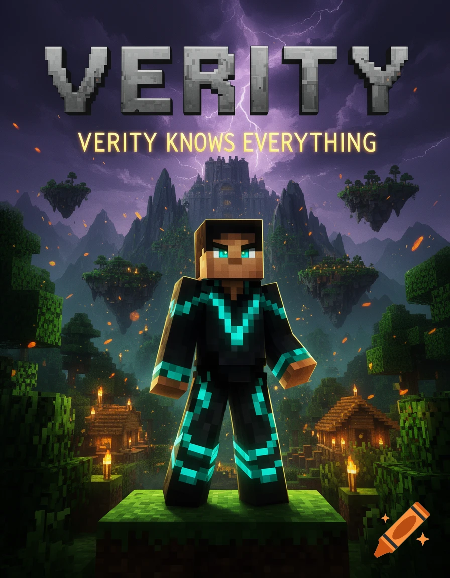 Minecraft style movie poster featuring a character in glowing cyan and black armor standing on a grass block under a stormy sky.