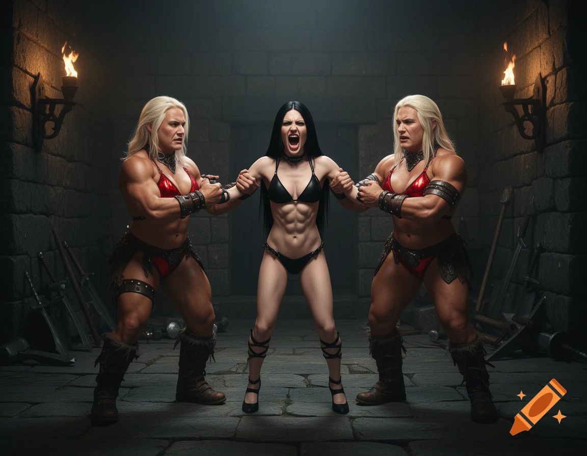 Photorealistic scene in a stone dungeon, two muscular blonde female barbarians gripping the arms of a screaming goth vampire woman.