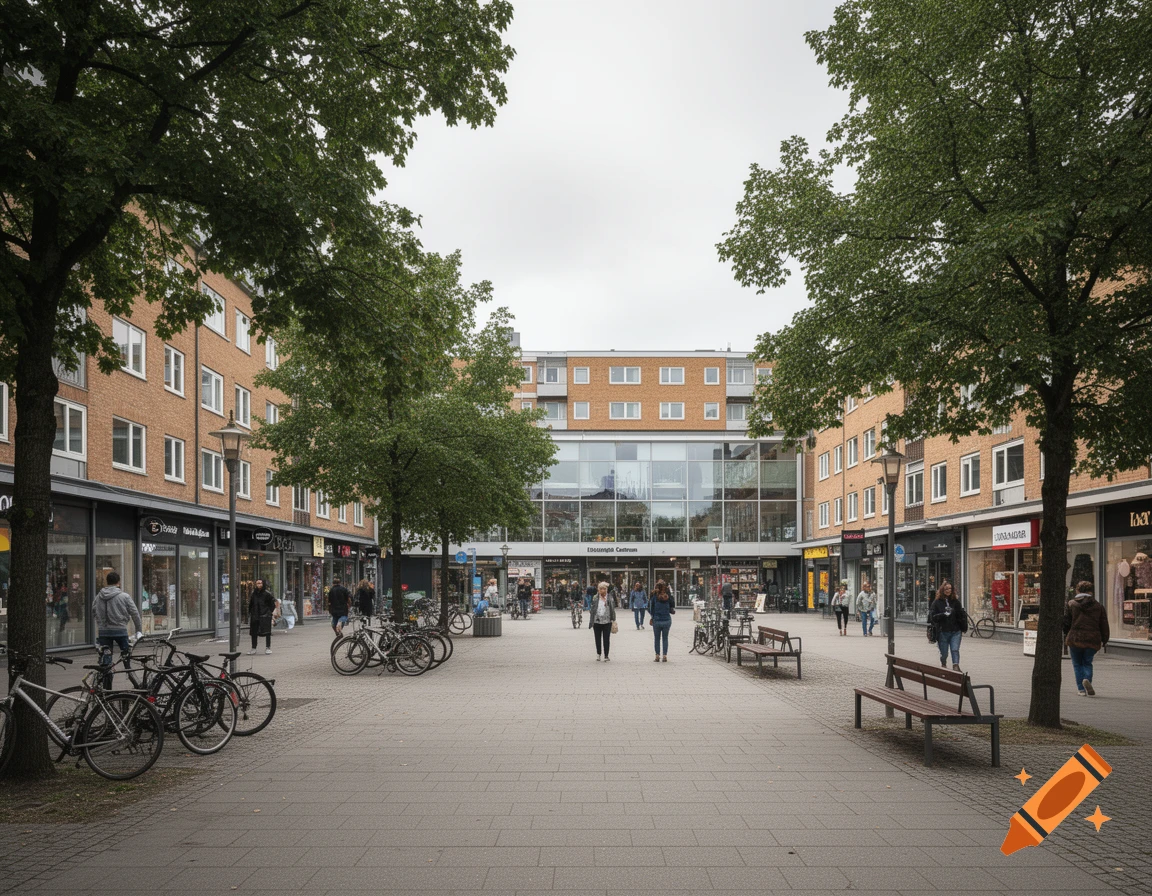 Photorealistic view of a pedestrian shopping plaza in Rosengård Centrum, Malmö, lined with brick buildings, trees, and bicycles.