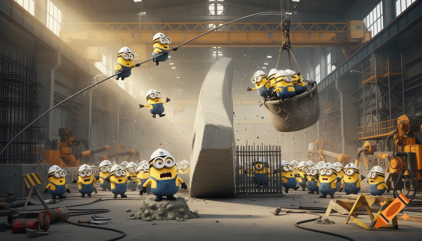 3D digital art of a chaotic factory hall with numerous yellow Minions in hard hats working with concrete, cinematic style.