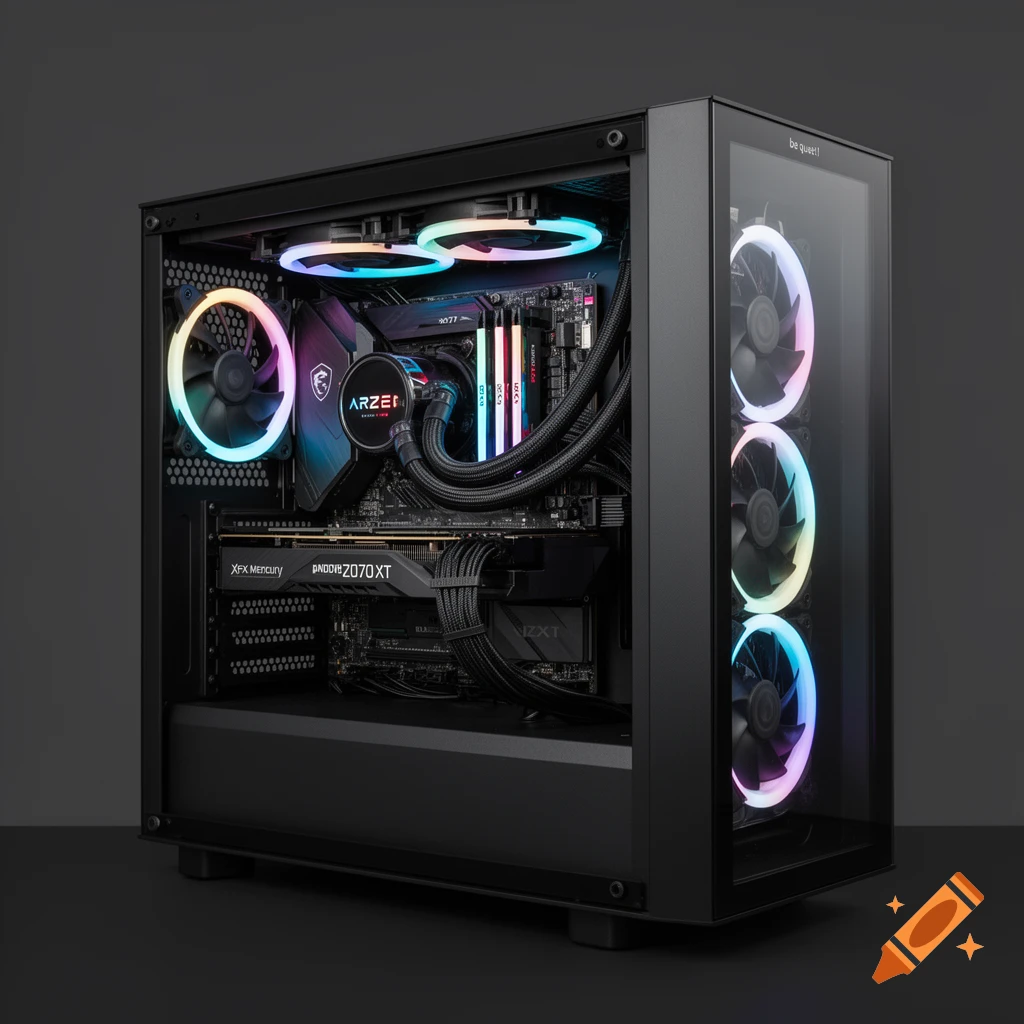 Photorealistic image of a custom gaming PC tower with RGB lighting, liquid cooling, and transparent side panel on a dark background.