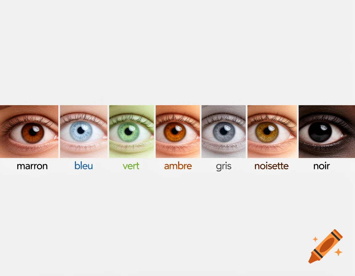 Close-up photographs of seven human eyes with different iris colors, each with its color name labeled in French below.