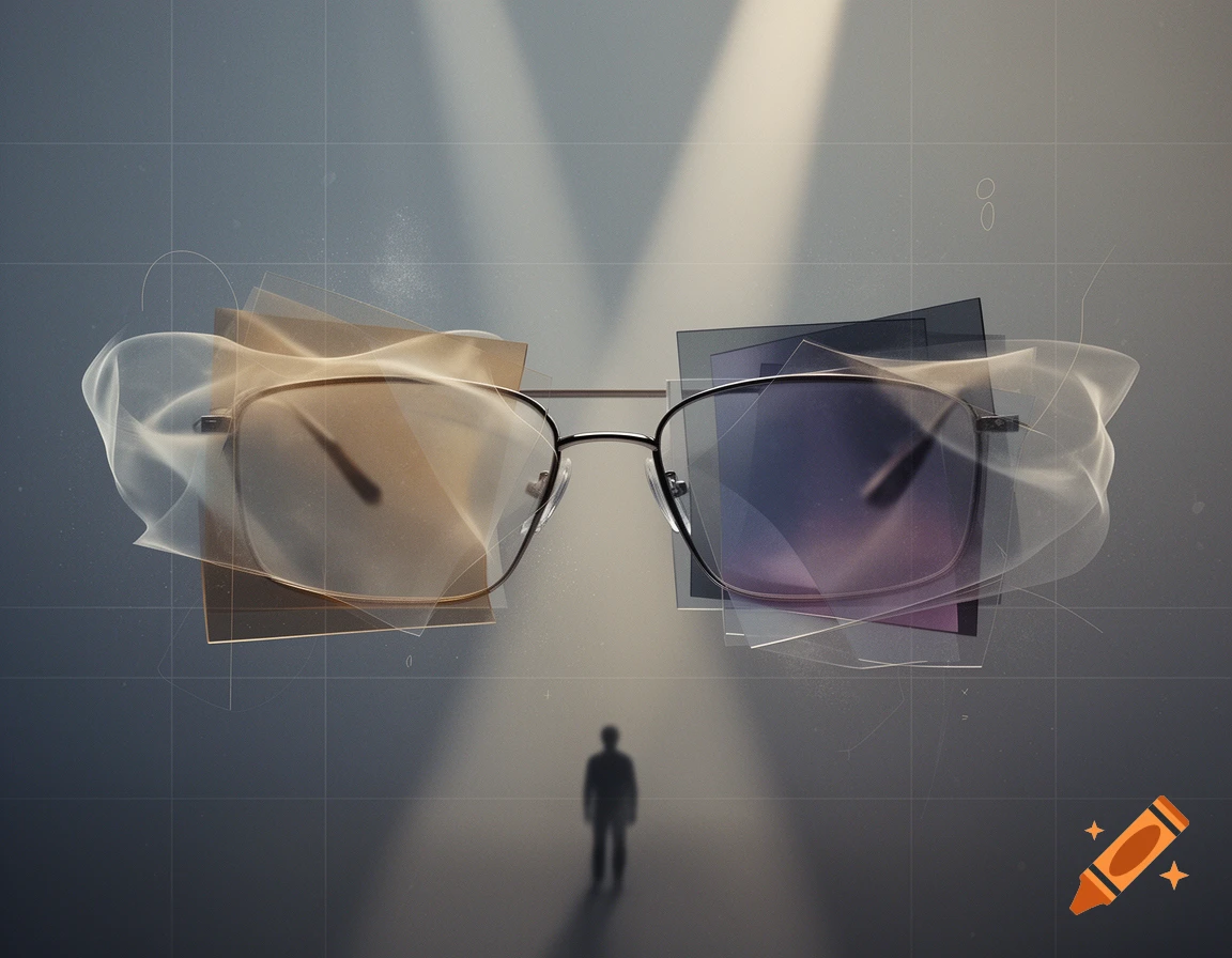 Surreal digital art of large abstract eyeglasses with translucent layered filters, viewed by a tiny human silhouette in the distance.