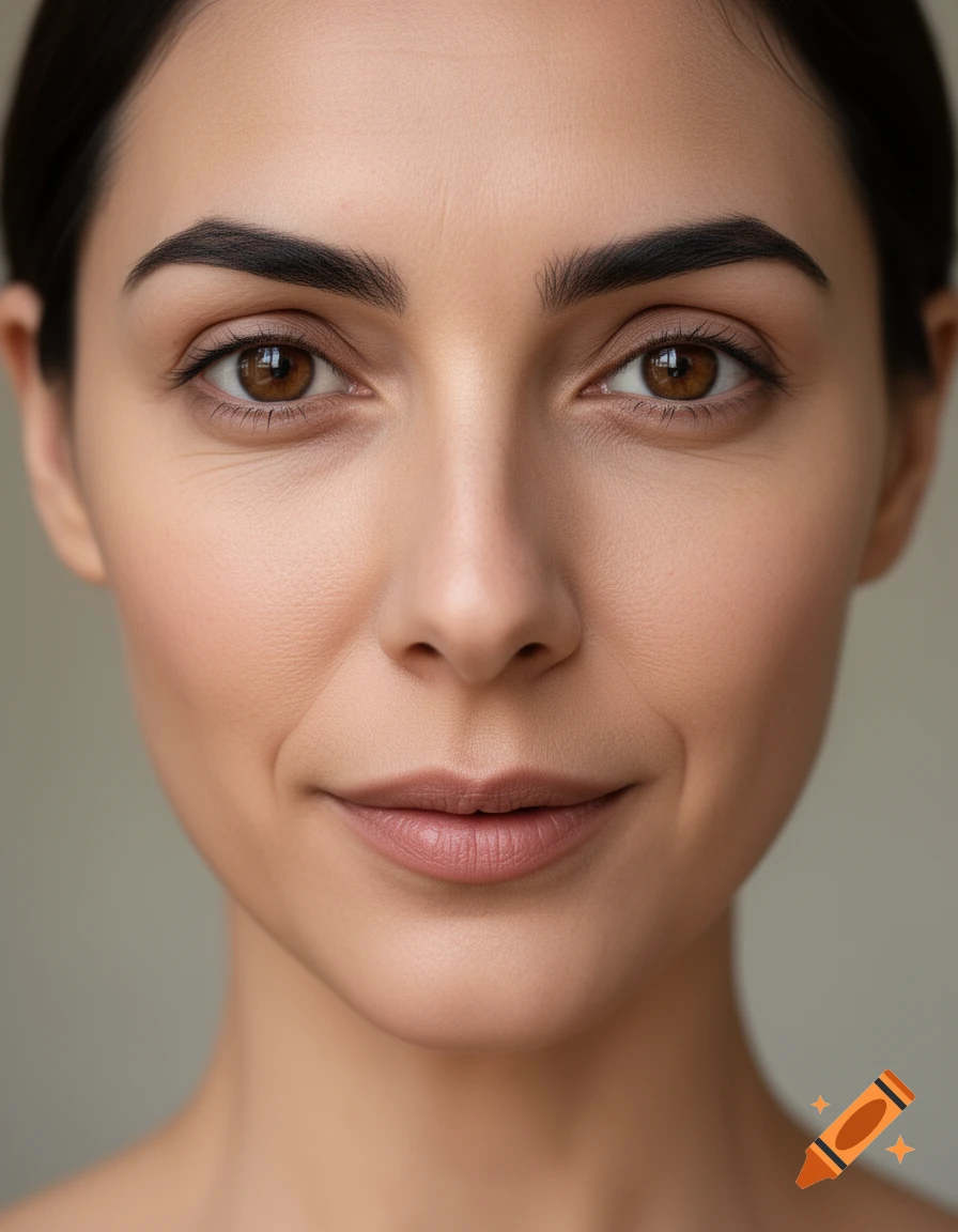 Close-up photorealistic portrait of a woman with a V-shaped face, dark eyebrows, and brown almond-shaped eyes.