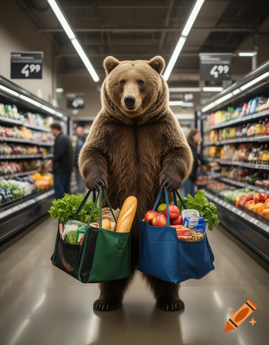 Photorealistic image of a large brown bear standing upright in a supermarket aisle, holding two grocery bags filled with produce.