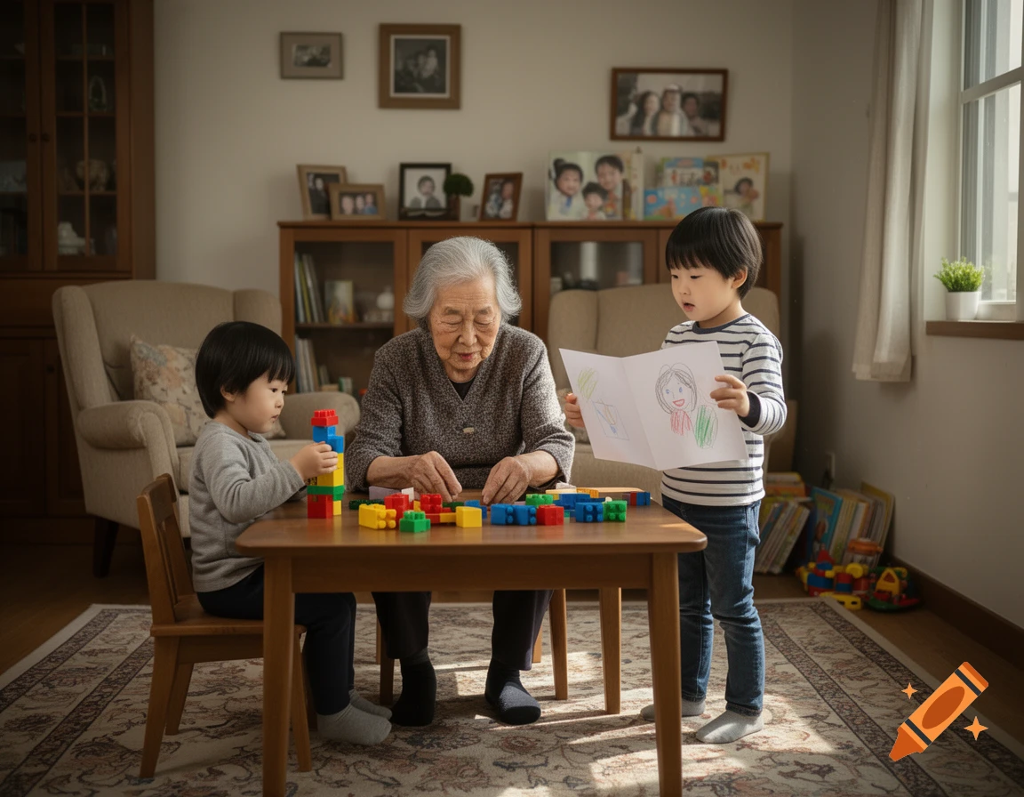 An elderly woman playing with two young children with toy blocks in a living room, photorealistic.