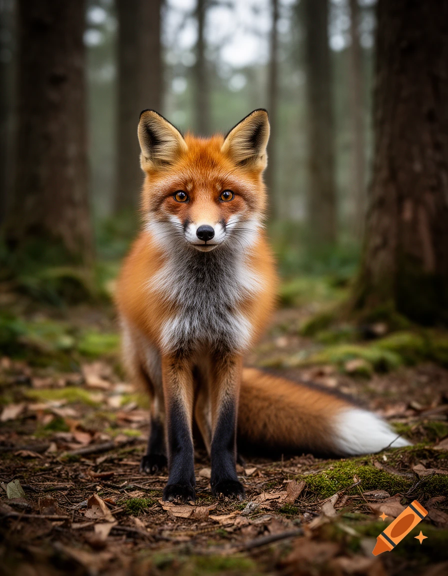 Photorealistic image of a red fox standing in a forest with tall trees and green moss.