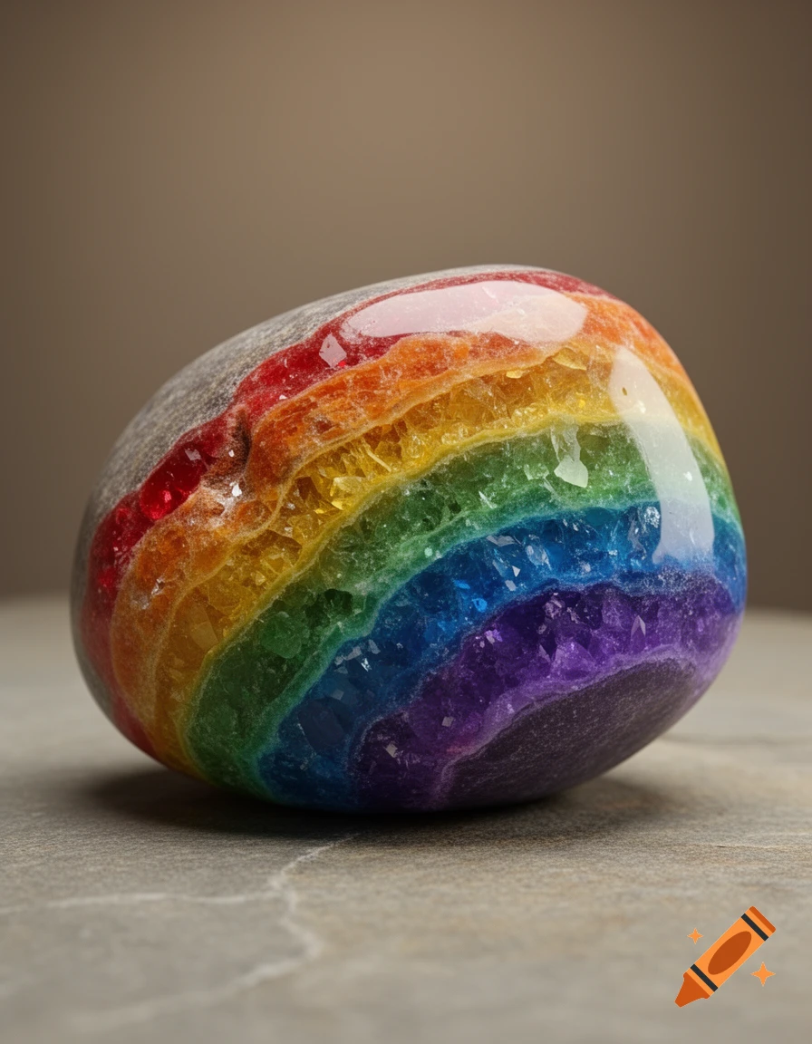 Close-up photorealistic shot of a smooth, polished rock with vibrant rainbow-colored layers resembling a geode.
