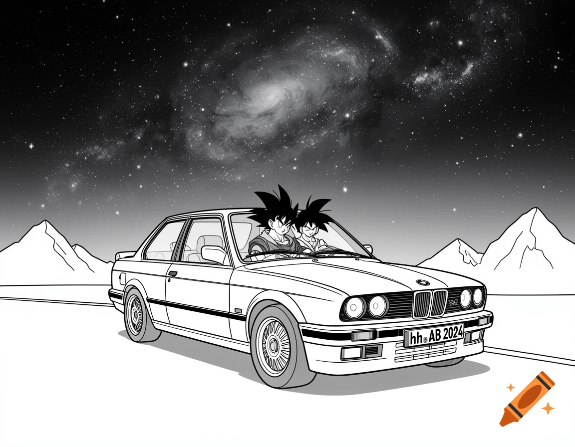 Black and white outline drawing of two anime characters driving a BMW e30 convertible through a mountain landscape under a starry galaxy.