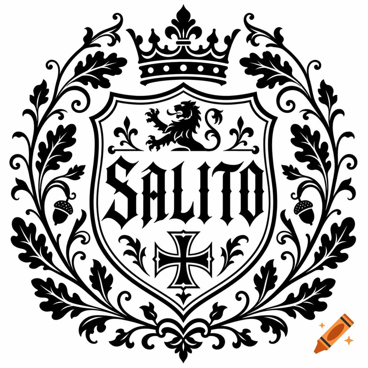 Black and white medieval coat of arms with a lion, crown, cross, and the text SALITO surrounded by oak leaves.