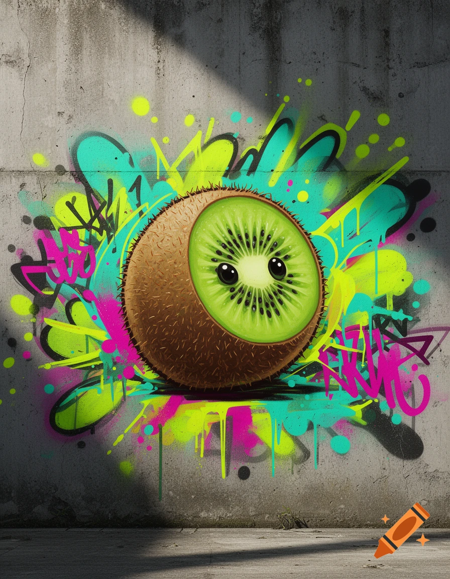 Graffiti style artwork of a cute sliced kiwi with large black eyes on a concrete wall surrounded by neon splashes.