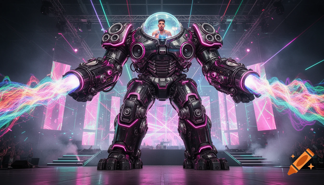 Photorealistic image of a giant black and neon pink mecha suit with a singer in the cockpit, firing music-wave lasers at a concert.