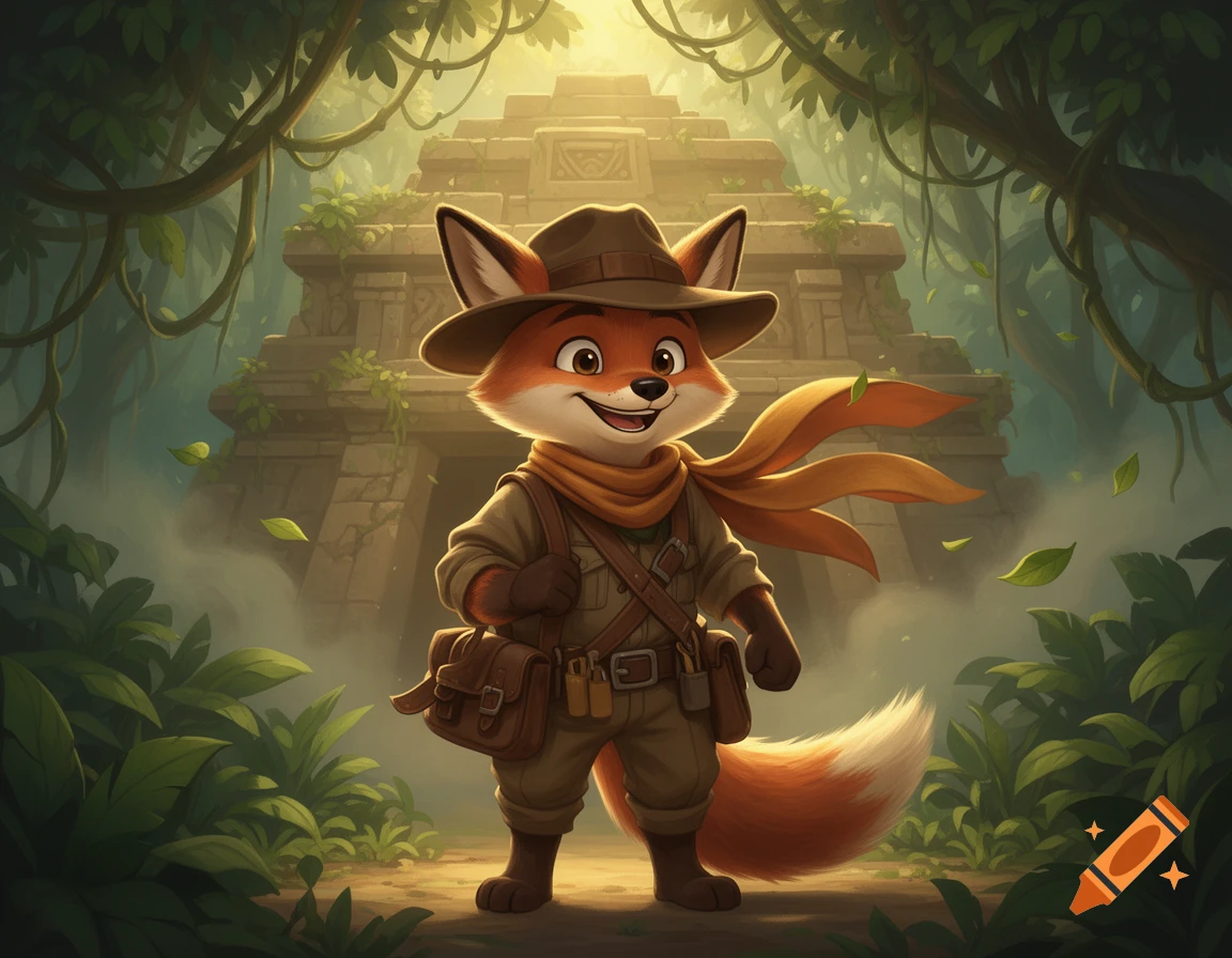 An adventurous cartoon fox dressed like Indiana Jones with a hat and scarf, standing in a jungle in front of an ancient stone temple.