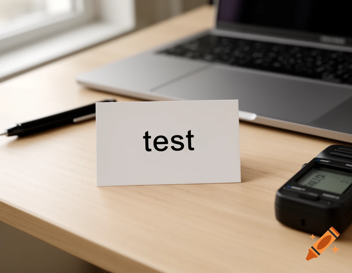 Close-up of a white name card with the word test on a wooden desk with a laptop pen and audio recorder, photorealistic.