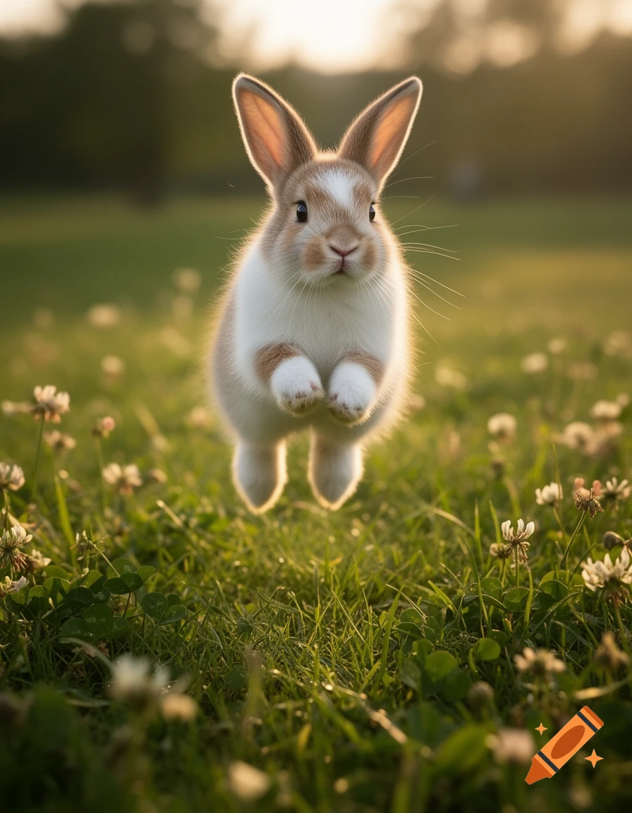 Photorealistic image of a cute baby rabbit jumping in a grassy field with white flowers during sunset.