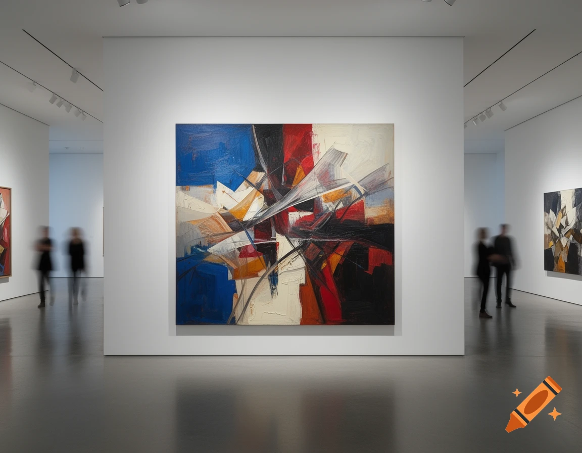 An abstract expressionist painting with bold brushstrokes of blue, red, black, and white displayed on a white wall in a modern art gallery.