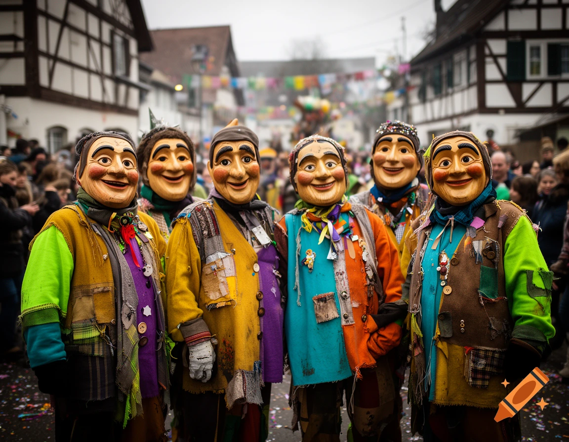 Group of six people wearing traditional Swabian-Allemannic carnival masks and colorful, patchwork costumes in a village street.