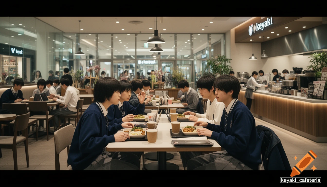 Photorealistic film still of high school students sitting at tables in a modern cafeteria and lounge.