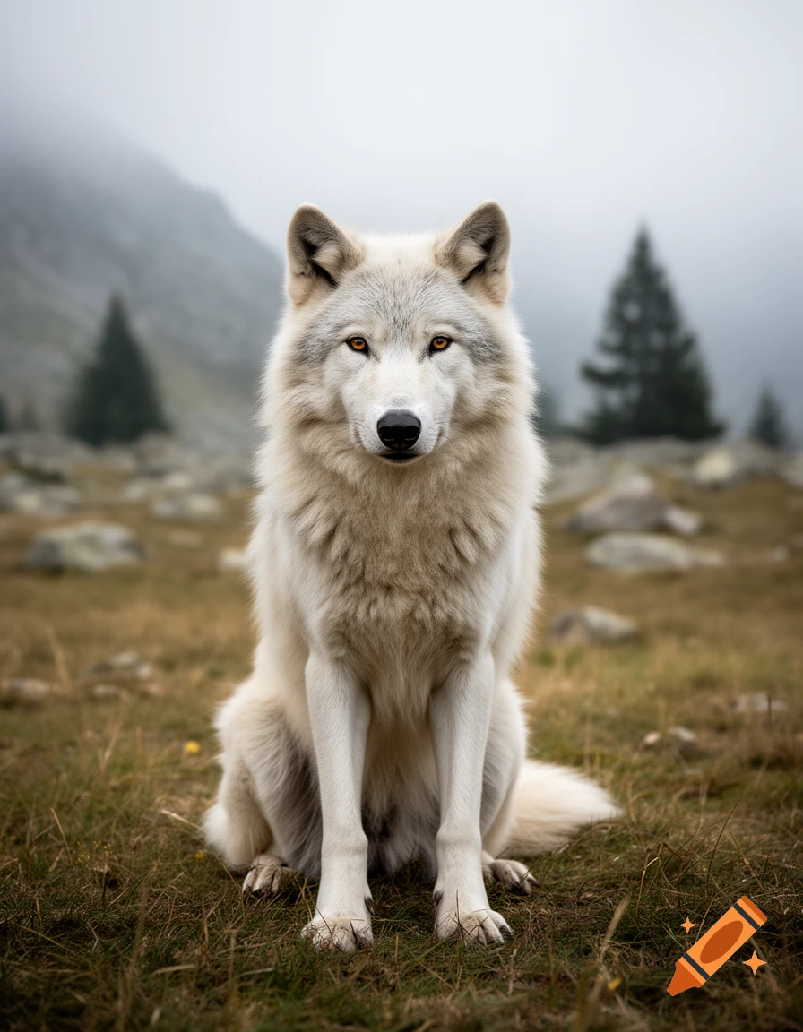 Photorealistic image of a white wolf sitting alertly in a misty mountain landscape.