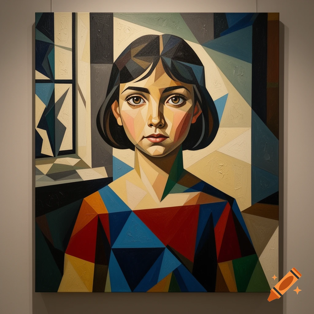 Cubist painting of a young girl with dark hair and large eyes against a geometric background.