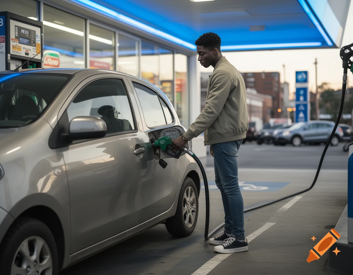 A young Black man fueling his silver hatchback at a gas station at dusk.
